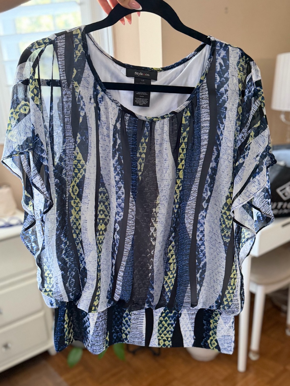 Style & Co. Navy, White & Yellow Striped Flutter Sleeve Blouse